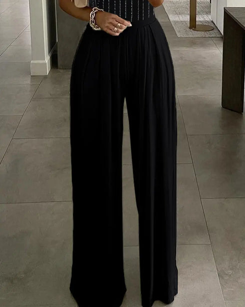 Rhinestone Decor Multi Spaghetti Straps Ruched Overalls Casual Zipper Back Wide Leg Jumpsuit black