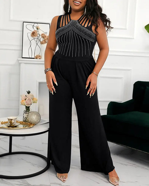 Rhinestone Decor Multi Spaghetti Straps Ruched Overalls Casual Zipper Back Wide Leg Jumpsuit black