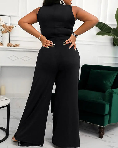 Rhinestone Decor Multi Spaghetti Straps Ruched Overalls Casual Zipper Back Wide Leg Jumpsuit black