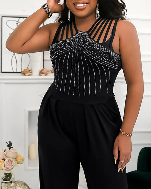 Rhinestone Decor Multi Spaghetti Straps Ruched Overalls Casual Zipper Back Wide Leg Jumpsuit black