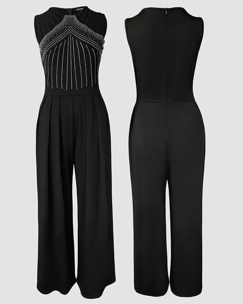 Rhinestone Decor Multi Spaghetti Straps Ruched Overalls Casual Zipper Back Wide Leg Jumpsuit black