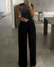 Rhinestone Decor Multi Spaghetti Straps Ruched Overalls Casual Zipper Back Wide Leg Jumpsuit black