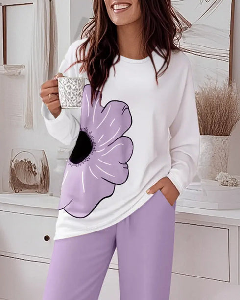 2 Pieces Outfit Christmas Cute Cartoon Reindeer Placement Print Long Sleeve Top and Elastic Waist Pants Set Causal Snowflake Print Pajamas Set purple