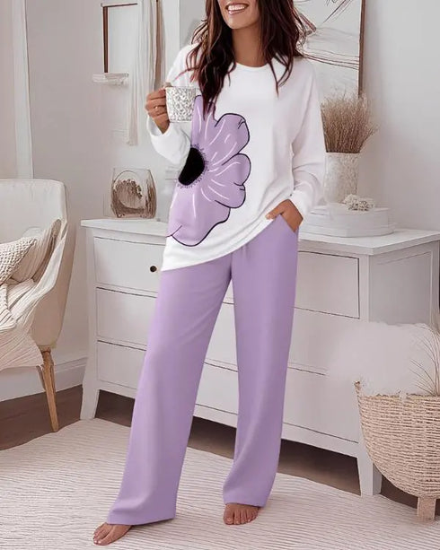 2 Pieces Outfit Reindeer Print Long Sleeve Drop Shoulder Top and Christmas Print Colorblock Elastic Waist Pants Set Casual Pajamas Set purple