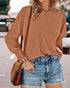 Round Neck Shirred Lantern Sleeve Long Sleeve Softy Basic T-Shirt Casual Tee coffee