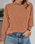 Round Neck Shirred Lantern Sleeve Long Sleeve Softy Basic T-Shirt Casual Tee coffee