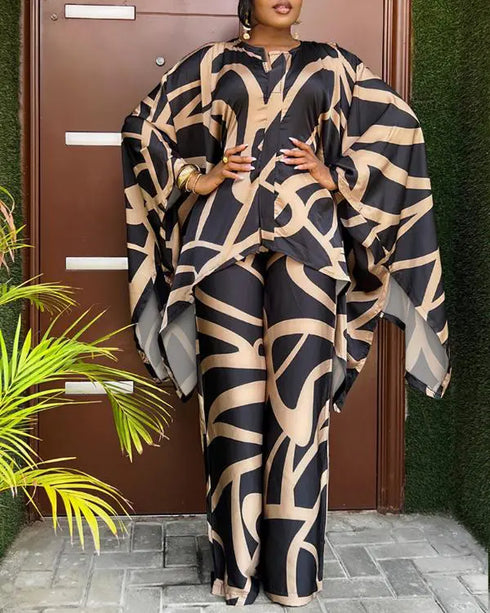 2 Pieces Outfit Abstract Print Batwing Sleeve Asymmetrical Top and Casual Wide Leg Pants Set black