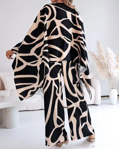 2 Pieces Outfit Abstract Print Batwing Sleeve Asymmetrical Top and Casual Wide Leg Pants Set black