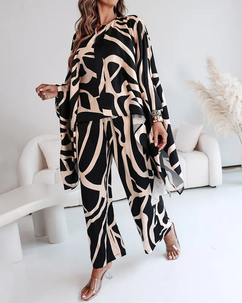 2 Pieces Outfit Abstract Print Batwing Sleeve Asymmetrical Top and Casual Wide Leg Pants Set black