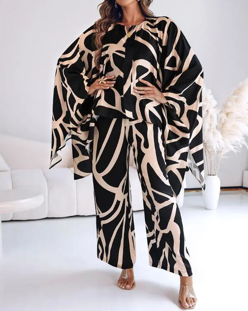 2 Pieces Outfit Abstract Print Batwing Sleeve Asymmetrical Top and Casual Wide Leg Pants Set black