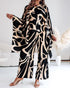 2 Pieces Outfit Abstract Print Batwing Sleeve Asymmetrical Top and Casual Wide Leg Pants Set black