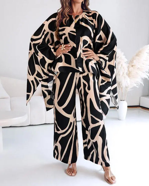 2 Pieces Outfit Abstract Print Batwing Sleeve Asymmetrical Top and Casual Wide Leg Pants Set black