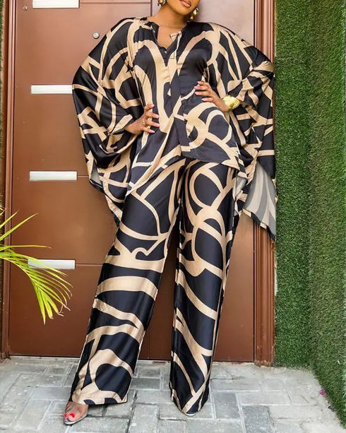 2 Pieces Outfit Abstract Print Batwing Sleeve Asymmetrical Top and Casual Wide Leg Pants Set black