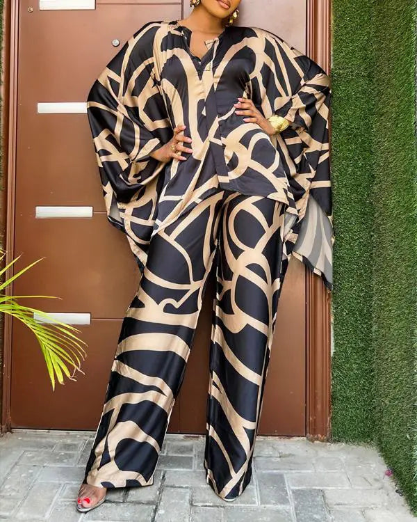 2 Pieces Outfit Abstract Print Batwing Sleeve Asymmetrical Top and Casual Wide Leg Pants Set black