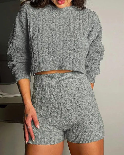 2 Piece Crewneck Long Sleeve Cable Knit Crop Sweater High Waist Shorts Tracksuits Outfits light gray