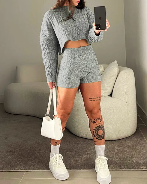 2 Piece Crewneck Long Sleeve Cable Knit Crop Sweater High Waist Shorts Tracksuits Outfits light gray