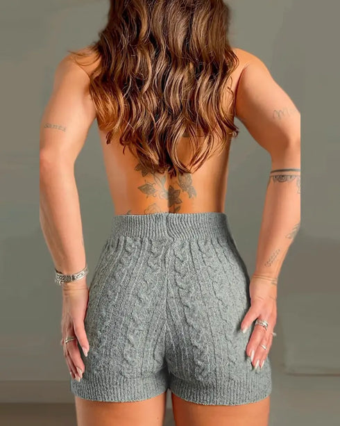 2 Piece Crewneck Long Sleeve Cable Knit Crop Sweater High Waist Shorts Tracksuits Outfits light gray