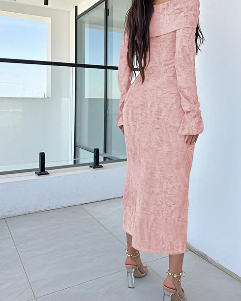 Off Shoulder Long Sleeve Hollow Out Knit Dress Casual Slim Fit Midi Sweater Dress pink