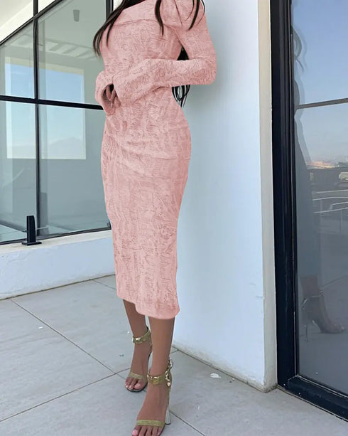 Tie Dye Print Foldover Off Shoulder Long Sleeve Textured Bodycon Dress Casual Ripped Detail High Strech Vacation Dress pink