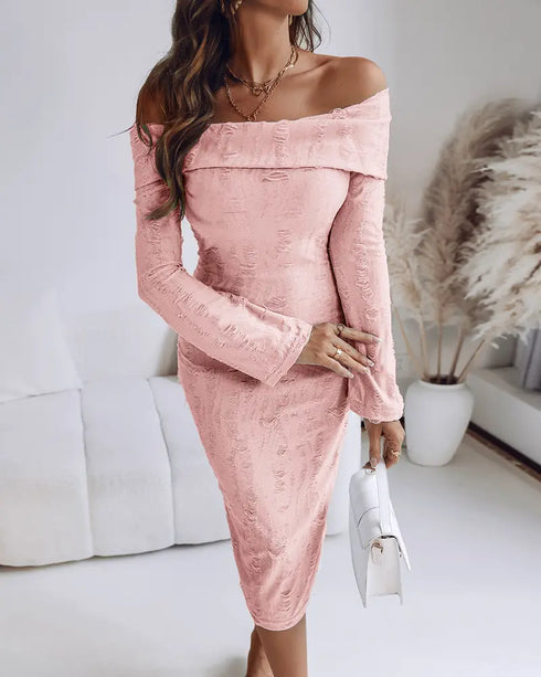 Off Shoulder Long Sleeve Hollow Out Knit Dress Casual Slim Fit Midi Sweater Dress pink