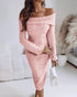 Off Shoulder Long Sleeve Hollow Out Knit Dress Casual Slim Fit Midi Sweater Dress pink