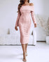 Off Shoulder Long Sleeve Hollow Out Knit Dress Casual Slim Fit Midi Sweater Dress pink