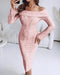 Off Shoulder Long Sleeve Hollow Out Knit Dress Casual Slim Fit Midi Sweater Dress pink
