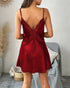 Contrast Lace V-Neck Spaghetti Strap Babydoll Sexy Backless Satin Sleep Dress red