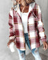 Plaid Print Button Front Pocket Design Drawstring Hoodie Jacket Casual Asymmetrical Hem Thermal Lined Warm Coat red