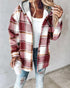 Plaid Print Button Front Pocket Design Drawstring Hoodie Jacket Casual Asymmetrical Hem Thermal Lined Warm Coat red