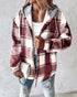 Plaid Print Long Sleeve Button Front Drawstring Hoodie Coat Casual Pocket Design Thermal Lined Shirt Coat red