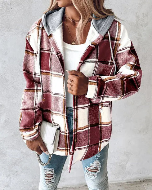 Plaid Print Long Sleeve Button Front Drawstring Hoodie Jacket Casual Pocket Design Thermal Lined Warm Coat red