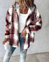 Plaid Print Long Sleeve Button Front Drawstring Hoodie Coat Casual Pocket Design Thermal Lined Shirt Coat red