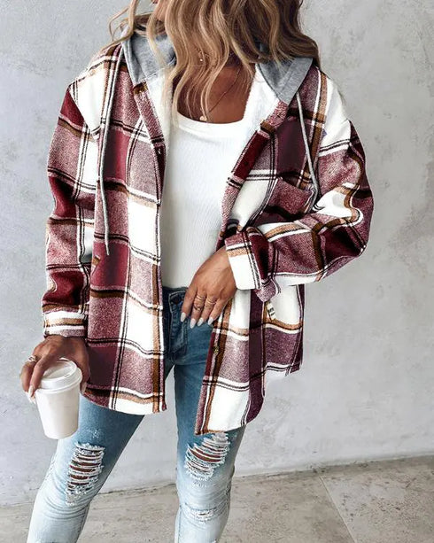 Plaid Print Long Sleeve Button Front Drawstring Hoodie Jacket Casual Pocket Design Thermal Lined Warm Coat red