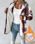 Plaid Print Button Front Pocket Design Drawstring Hoodie Jacket Casual Asymmetrical Hem Thermal Lined Warm Coat red