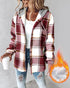 Plaid Print Button Front Pocket Design Drawstring Hoodie Jacket Casual Asymmetrical Hem Thermal Lined Warm Coat red
