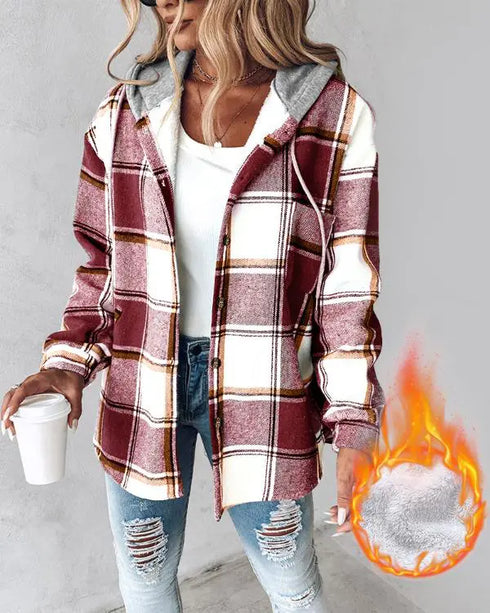 Plaid Print Long Sleeve Button Front Drawstring Hoodie Coat Casual Pocket Design Thermal Lined Shirt Coat red