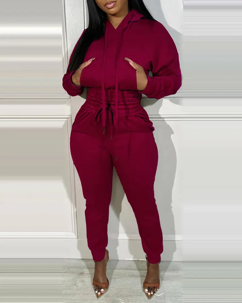 2 Pieces Outfit Drop Shoulder Kangaroo Pocket Stretchy Hem Crop Drawstring Hoodie Sweatshirt and Drawstring Elastic Waist Jogger Sweatpants Casual Tracksuit Wine red