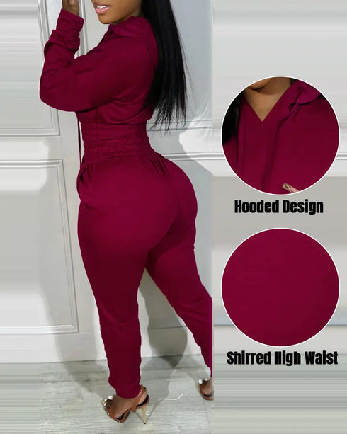 2 Pieces Outfit Drop Shoulder Kangaroo Pocket Stretchy Hem Crop Drawstring Hoodie Sweatshirt and Drawstring Elastic Waist Jogger Sweatpants Casual Tracksuit Wine red