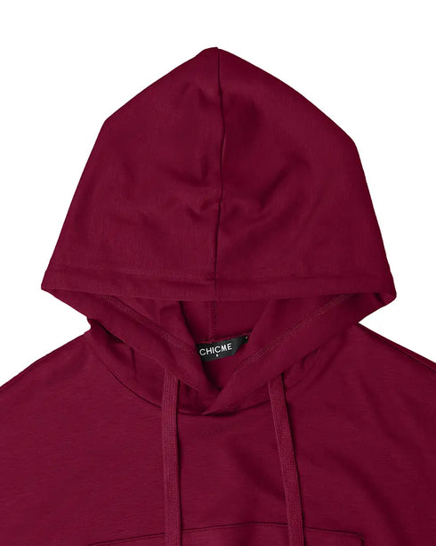 2 Pieces Outfit Drop Shoulder Kangaroo Pocket Stretchy Hem Crop Drawstring Hoodie Sweatshirt and Drawstring Elastic Waist Jogger Sweatpants Casual Tracksuit Wine red