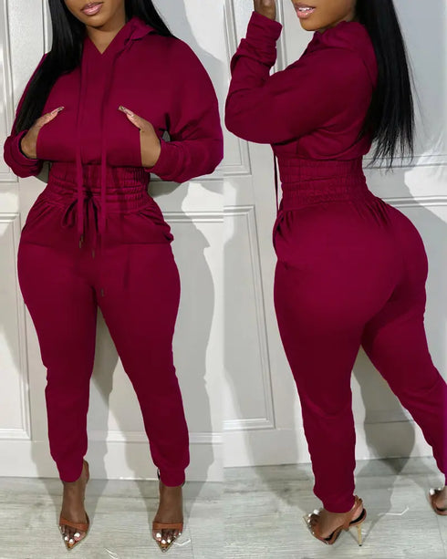 2 Pieces Outfit Drop Shoulder Kangaroo Pocket Stretchy Hem Crop Drawstring Hoodie Sweatshirt and Drawstring Elastic Waist Jogger Sweatpants Casual Tracksuit Wine red