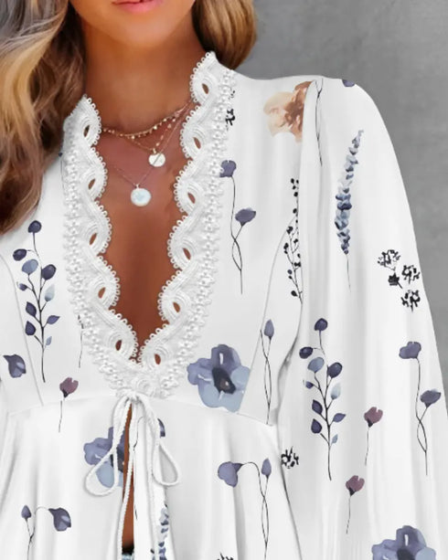 Floral Print Deep V-Neck Contrast Lace Flare Sleeve Bow Tie Front Blouse Casual Ruffle Hem Loose Top white