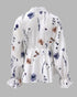 Floral Print Deep V-Neck Contrast Lace Flare Sleeve Bow Tie Front Blouse Casual Ruffle Hem Loose Top white