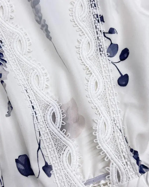 Floral Placement Print Deep V-Neck Contrast Lace Lantern Sleeve Flare Cuffs Blouse Casual Bow Tie Front Ruffle Hem Loose Top white