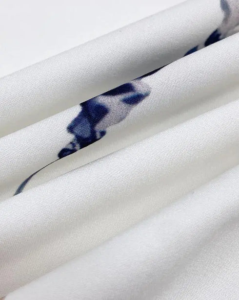 Floral Print Deep V-Neck Contrast Lace Flare Sleeve Bow Tie Front Blouse Casual Ruffle Hem Loose Top white