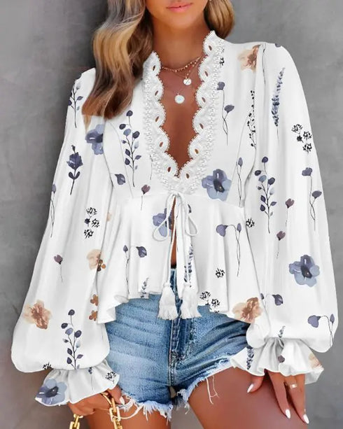 Ombre Cold Shoulder Lantern Sleeve Frill Ruffle Hem Blouse Top white