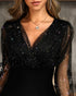 Glitter Sheer Mesh Spliced Overlap V-Neck Mesh Lantern Sleeve Mini Party Dress Ruched Zipper Back Slim Fit Evening Dress black