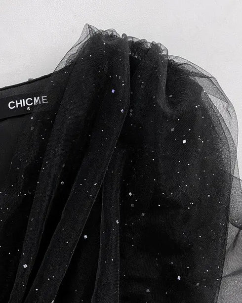 Glitter Sheer Mesh Spliced Overlap V-Neck Mesh Lantern Sleeve Mini Party Dress Ruched Zipper Back Slim Fit Evening Dress black