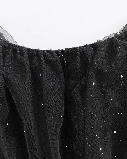Glitter Sheer Mesh Spliced Overlap V-Neck Mesh Lantern Sleeve Mini Party Dress Ruched Zipper Back Slim Fit Evening Dress black