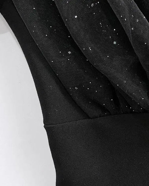 Glitter Sheer Mesh Spliced Overlap V-Neck Mesh Lantern Sleeve Mini Party Dress Ruched Zipper Back Slim Fit Evening Dress black
